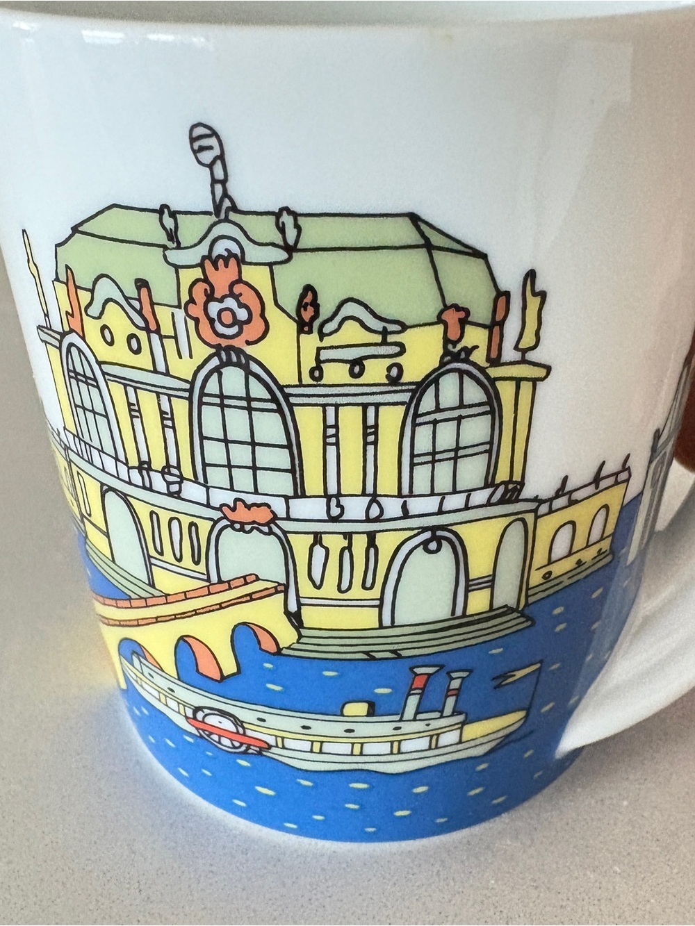 Set of 3 Rosenthal White Ceramic Mug with Cityscape Illustration Collectible
